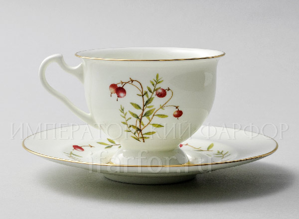 Cup and saucer tea Flowers and berries. Cranberry Isadora