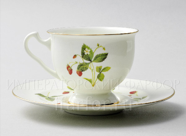 Cup and saucer tea Flowers and berries. Strawberries Isadora