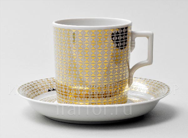 Чашка с блюдцем чайная Зазеркалье. Полосы (золото) Гербовая
