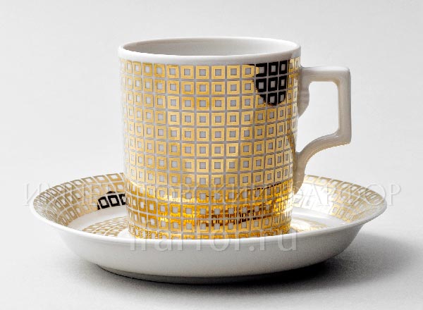 Чашка с блюдцем чайная Зазеркалье. Квадраты (золото) Гербовая