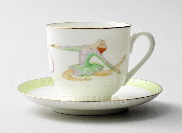 Cup and saucer Coffee Rhythmic gymnastics. Ribbon Lily of the valley