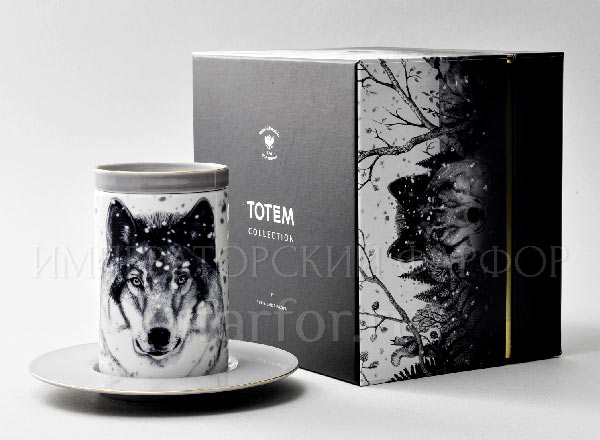 Mug with a lid and saucer in a gift box Totem. Wolf 