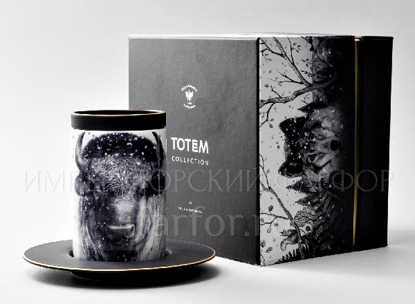 Mug with a lid and saucer in a gift box Totem. Bison 