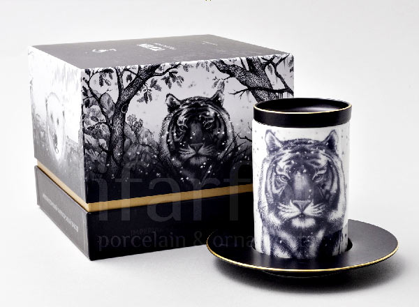 Mug with a lid and saucer in a gift box Totem. Tiger 
