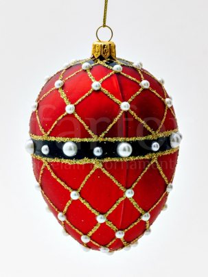 Елочная игрушка Яйцо Фаберже Сетка жемчуг красный 85 x 120 мм.
