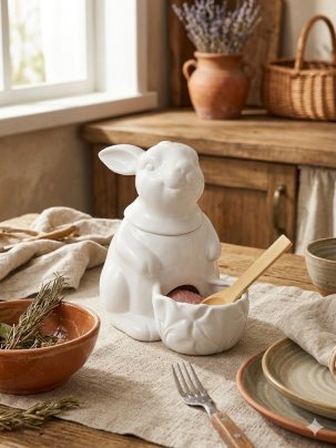 Банка для сыпучих продуктов Elan Gallery Заяц, фарфоровая с крышкой и ложкой, 400 мл, белый
