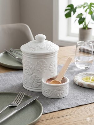 Банка для сыпучих продуктов Elan Gallery Тропики, фарфоровая с крышкой и ложкой, 500 мл, белый