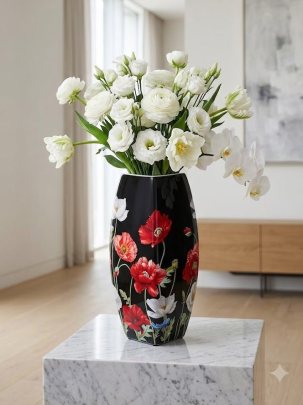 Ваза для цветов 3 л 12,5х12,5х30 см Elan Gallery Маки на черном, фарфоровая