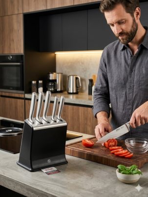 Набор ножей кухонных на подставке Tefal EverSharp K2976S04, нержавеющая сталь, 6 предметов