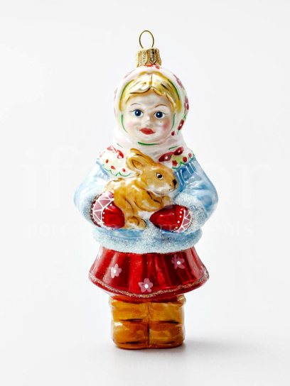 Елочная игрушка «Девочка с зайцем» Стекло. 50 x 135 мм.