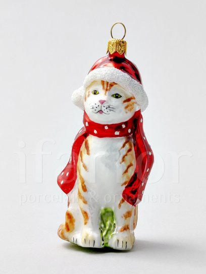 Елочная игрушка «Котик рыженький в шапке Деда Мороза» Стекло. 50 x 105 мм.