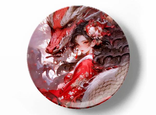 Красный дракон и девушка в красном цветочном платье