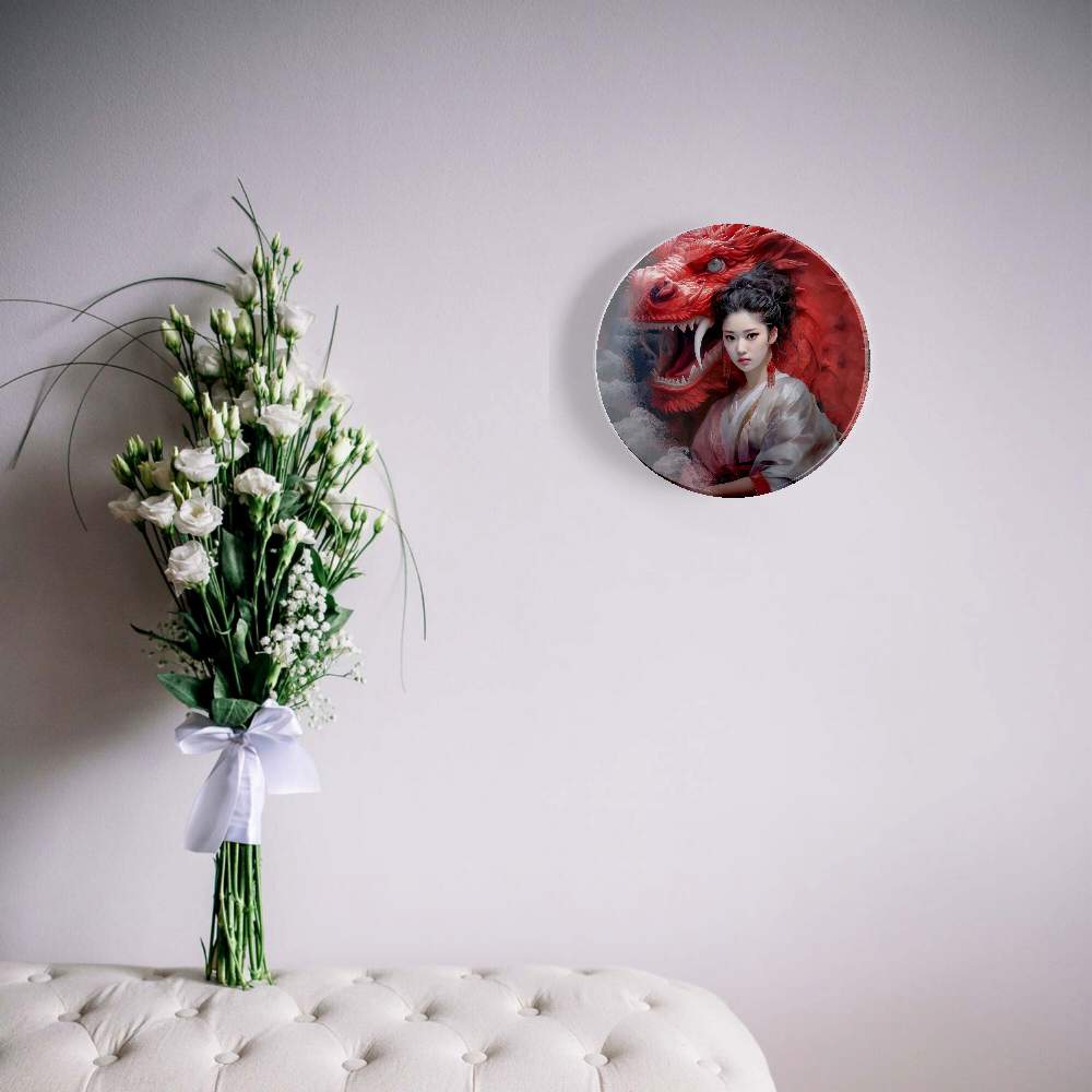 Красный дракон и девушка в белом платье