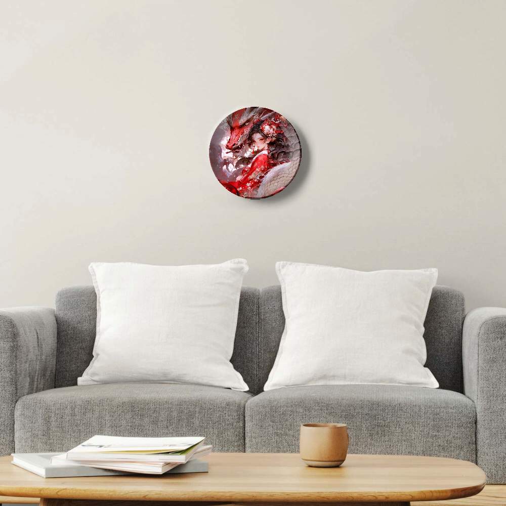 Красный дракон и девушка в красном цветочном платье