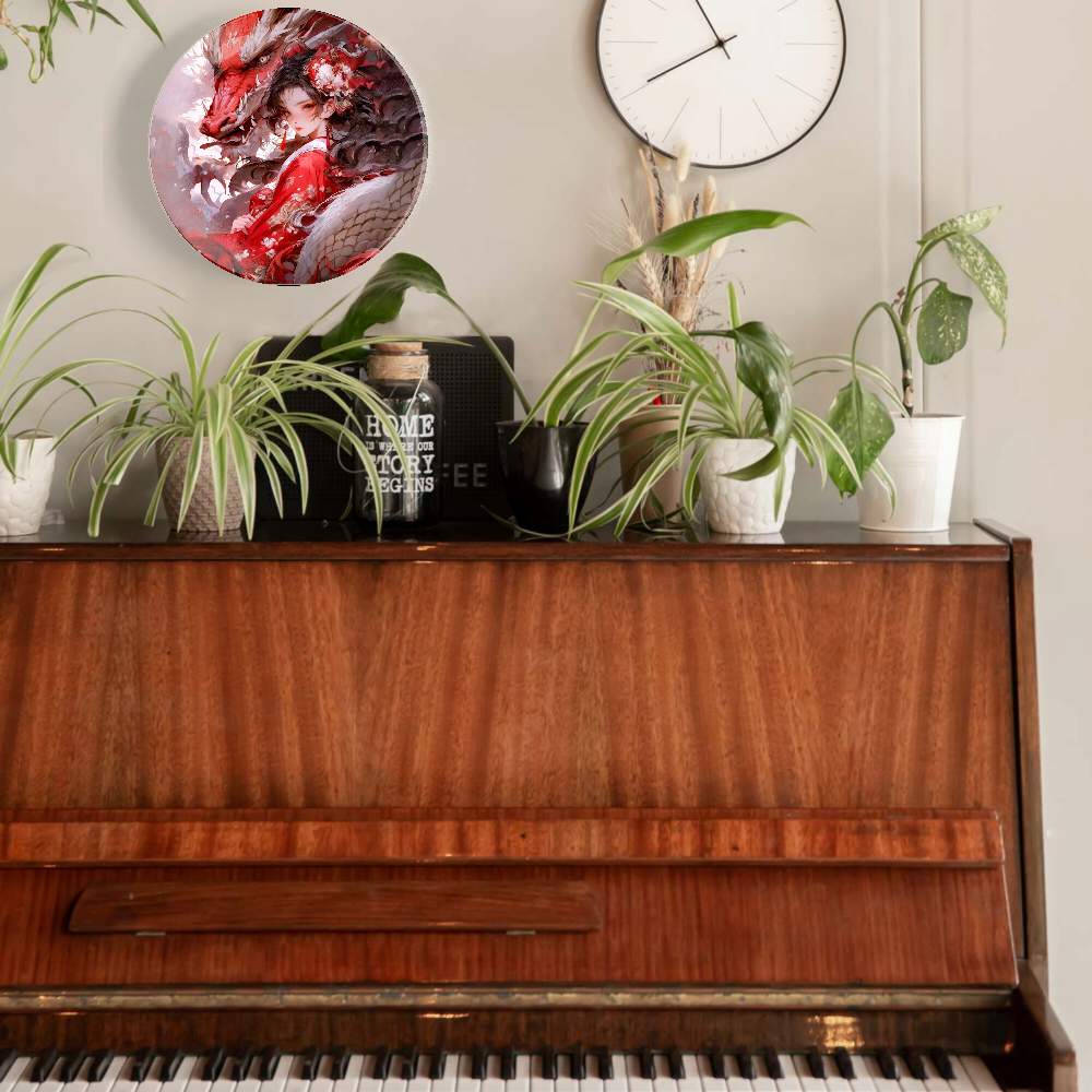 Красный дракон и девушка в красном цветочном платье