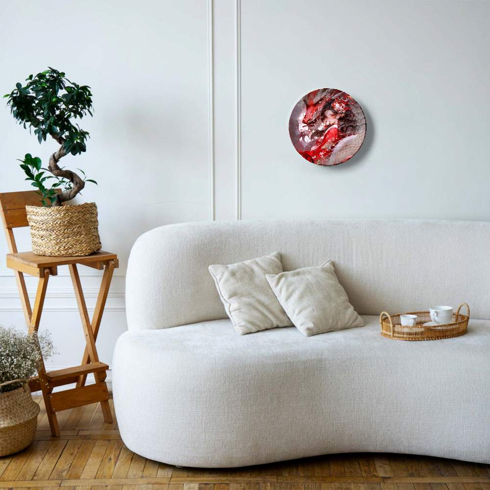 Красный дракон и девушка в красном цветочном платье