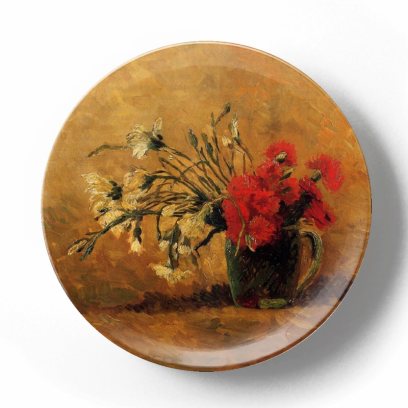 Декоративная тарелка Винсент Ван Гог Ваза с красными и белыми гвоздиками на желтом фоне