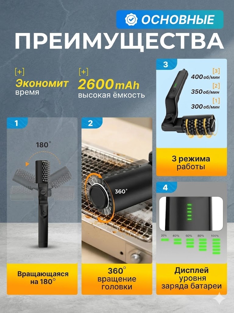 Электрощётка для чистки гриля аккумуляторная, 2 насадки