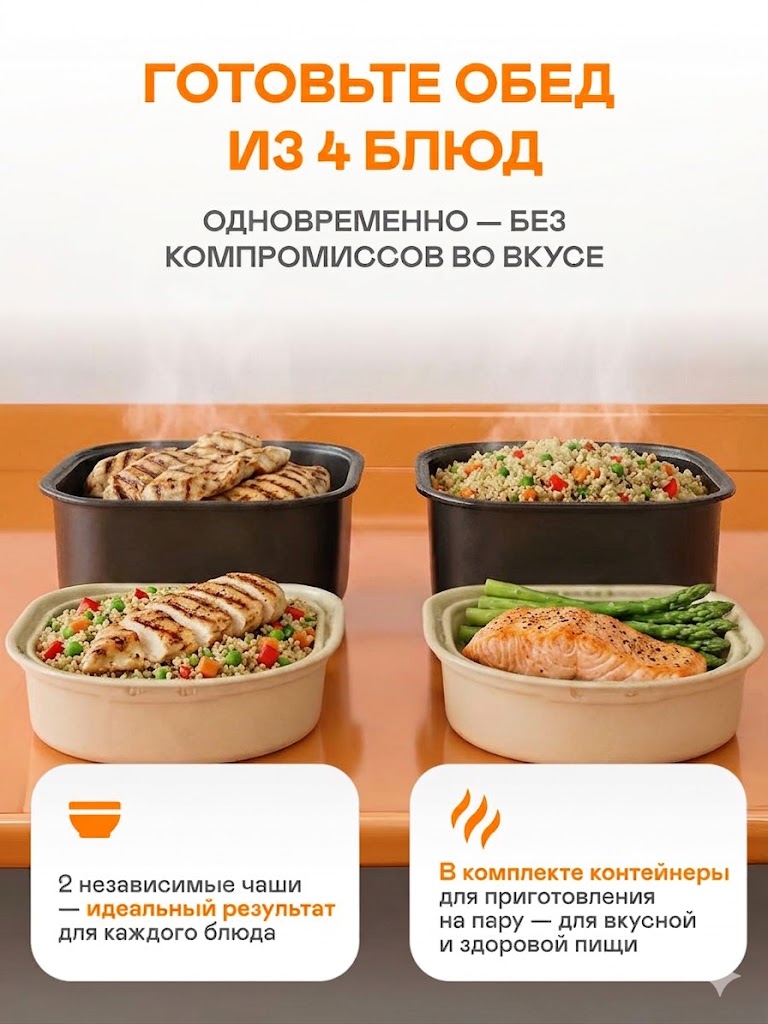 Мультиварка GARLYN MR-Duo 10 объемом 4,8 литров (2,4 + 2,4). Две чаши - приготовление до 4 блюд одновременно