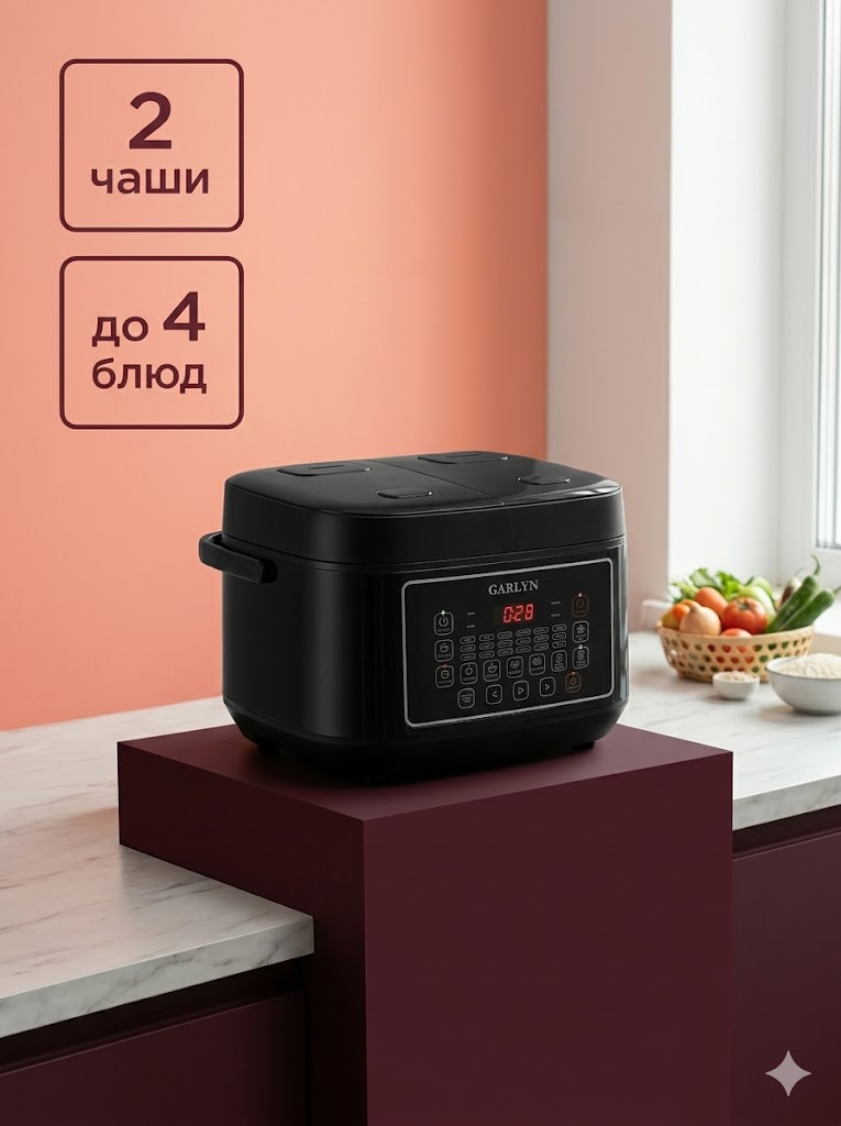 Мультиварка GARLYN MR-Duo 10 объемом 4,8 литров (2,4 + 2,4). Две чаши - приготовление до 4 блюд одновременно