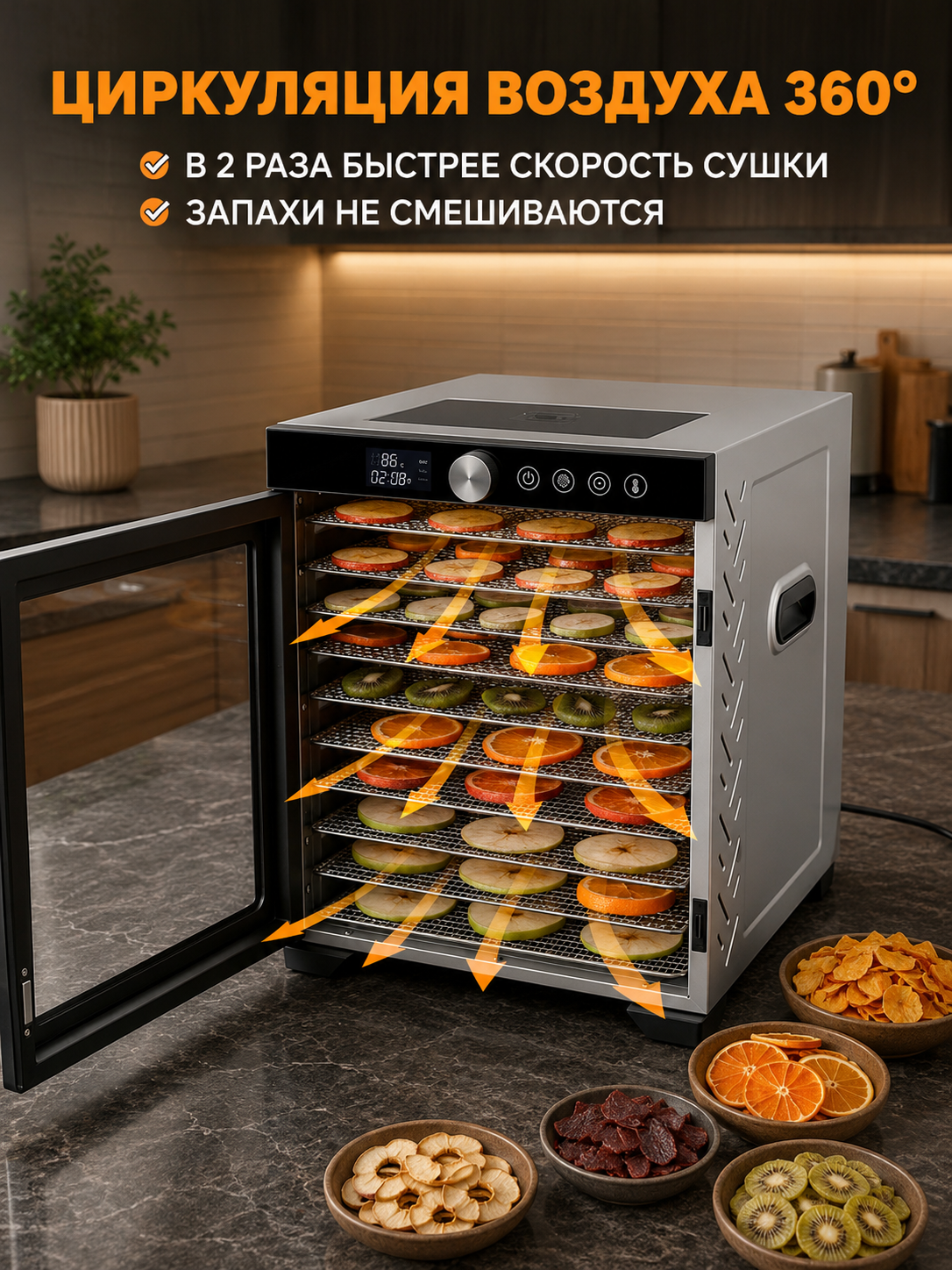 Сушилка для овощей и фруктов электрическая TAKARA DF-19 Дегидратор для мяса и рыбы, 10 поддонов, 35 л