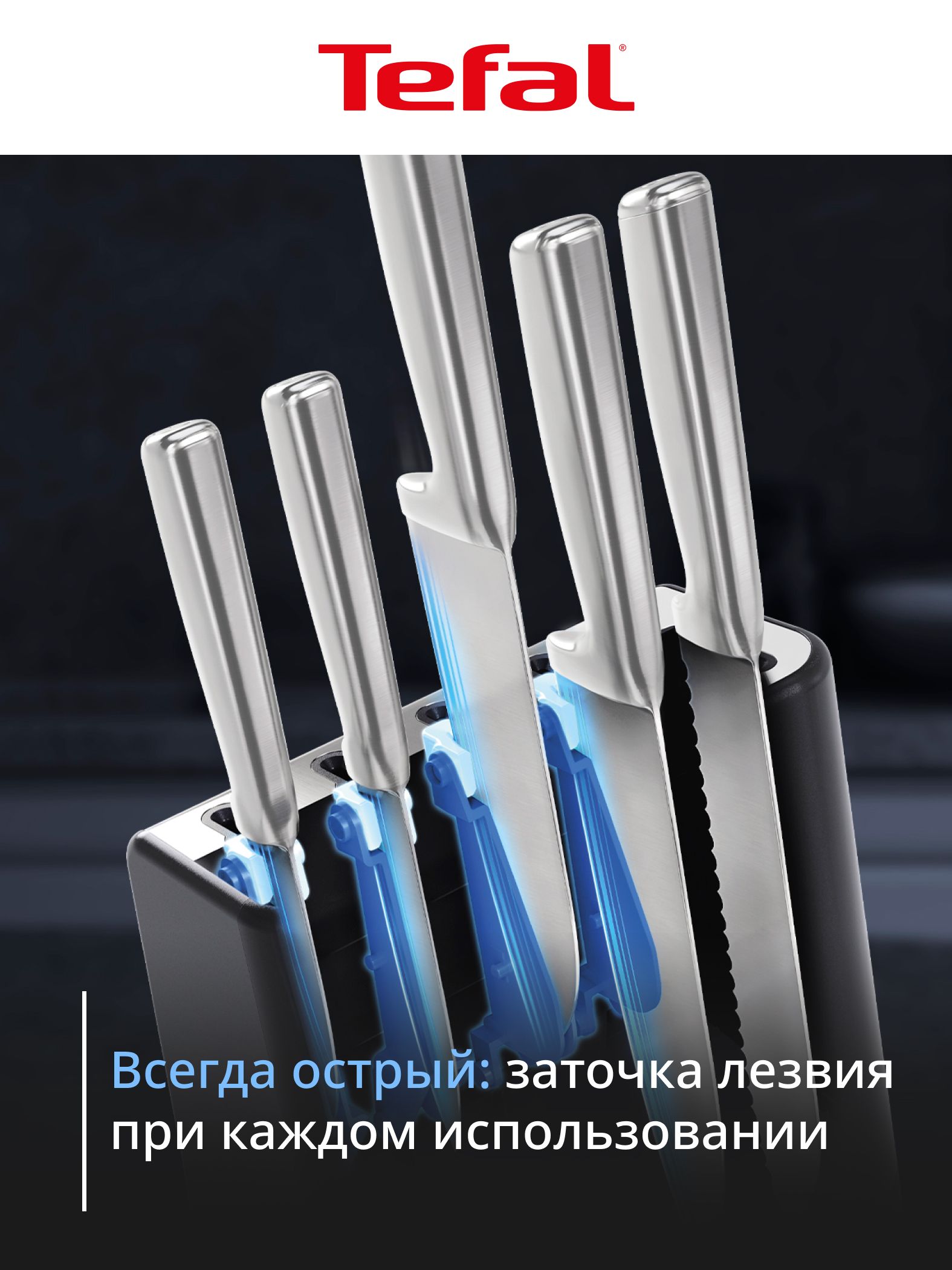 Набор ножей кухонных на подставке Tefal EverSharp K2976S04 Набор из 6 предметов. Нержавеющая сталь