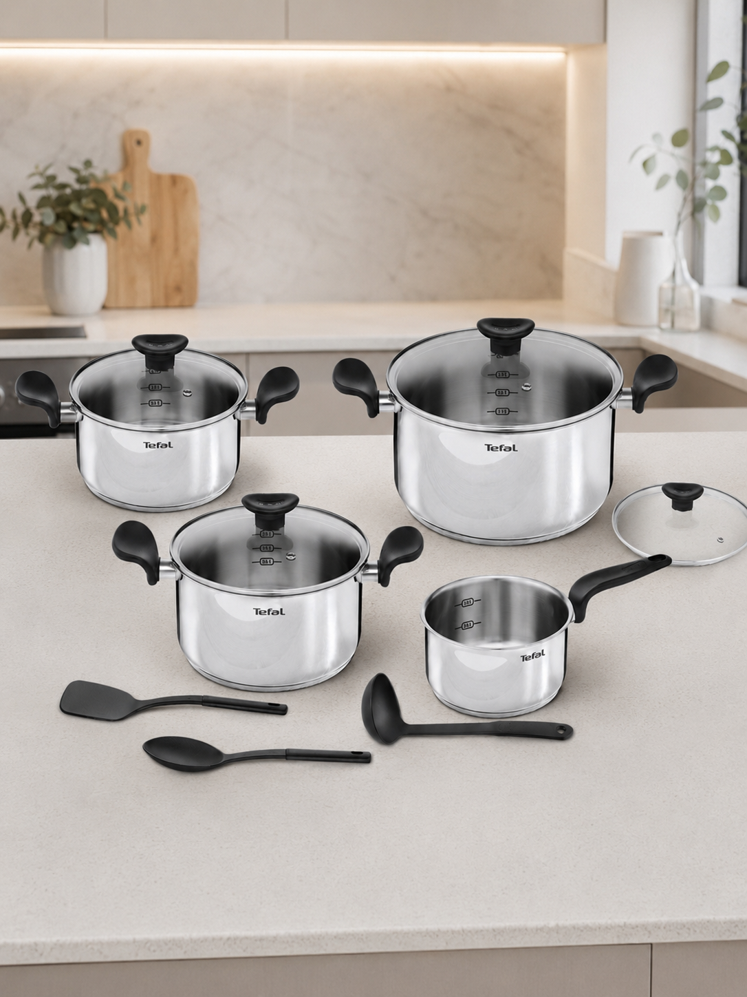 Набор посуды для приготовления 11 предметов Tefal Primary Кастрюли 18 20 24, ковш 16, крышки 4 шт, аксессуары