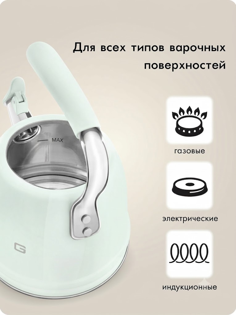Чайник со свистком SMEG WKF01PG 2.3 л Цвет пастельно-зеленый глянцевый