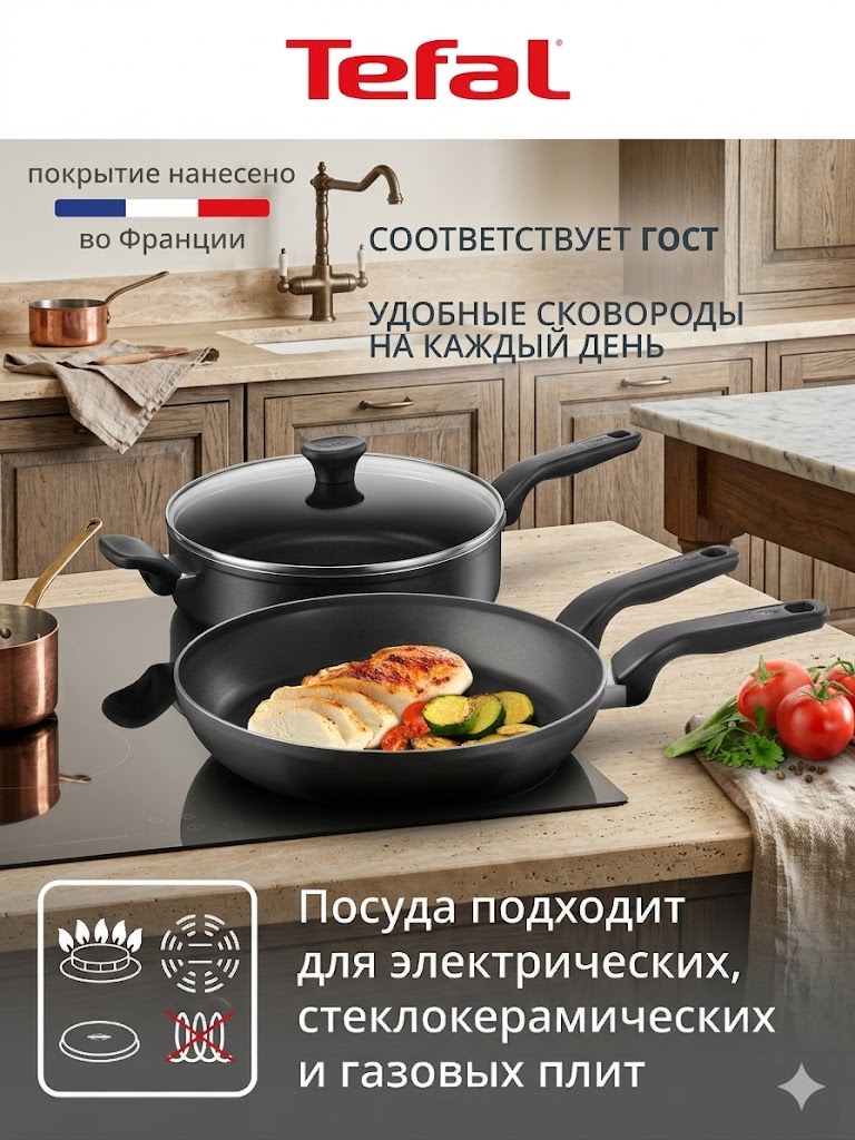Набор сковород Tefal Essential Набор из 3 предметов. 20, 24, 28 см, с индикатором нагрева, антипригарным покрытием, подходит для газовых, электрических и стеклокерамических плит